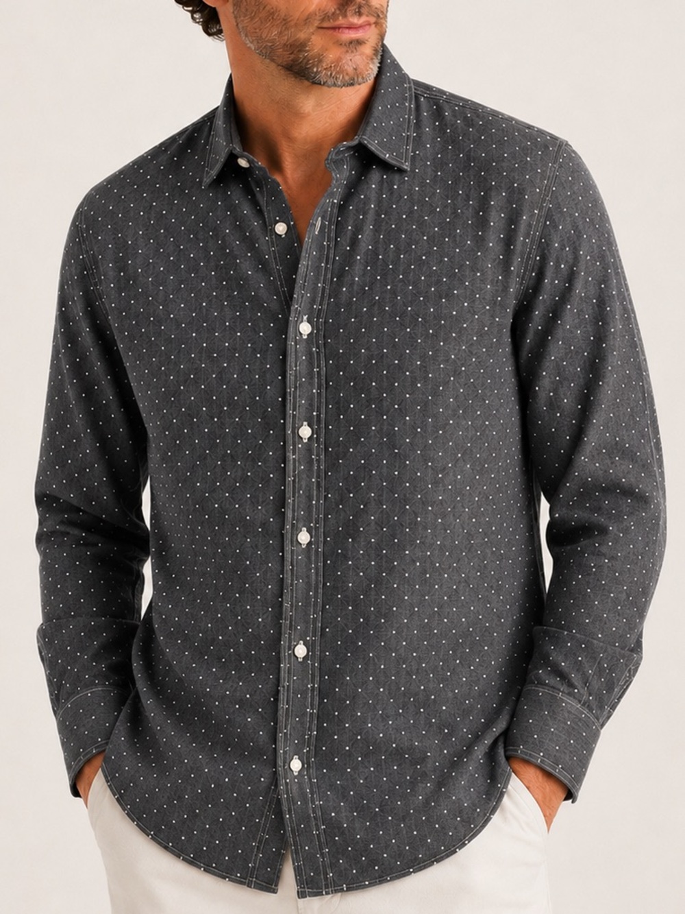 Frank & Eileen Paul 100% Linen Shirt XXL Gray White Polka Dot Made USA